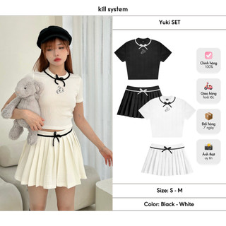 Set áo thun croptop và chân váy ngắn Yuki đính nơ hình thêu thỏ Kill System chất thun len hàn