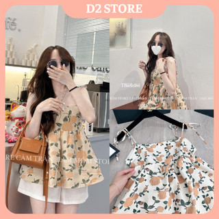 Set đồ nữ áo 2 dây babydoll hoa nhí buộc dây vai mix quần sooc đùi màu trắng