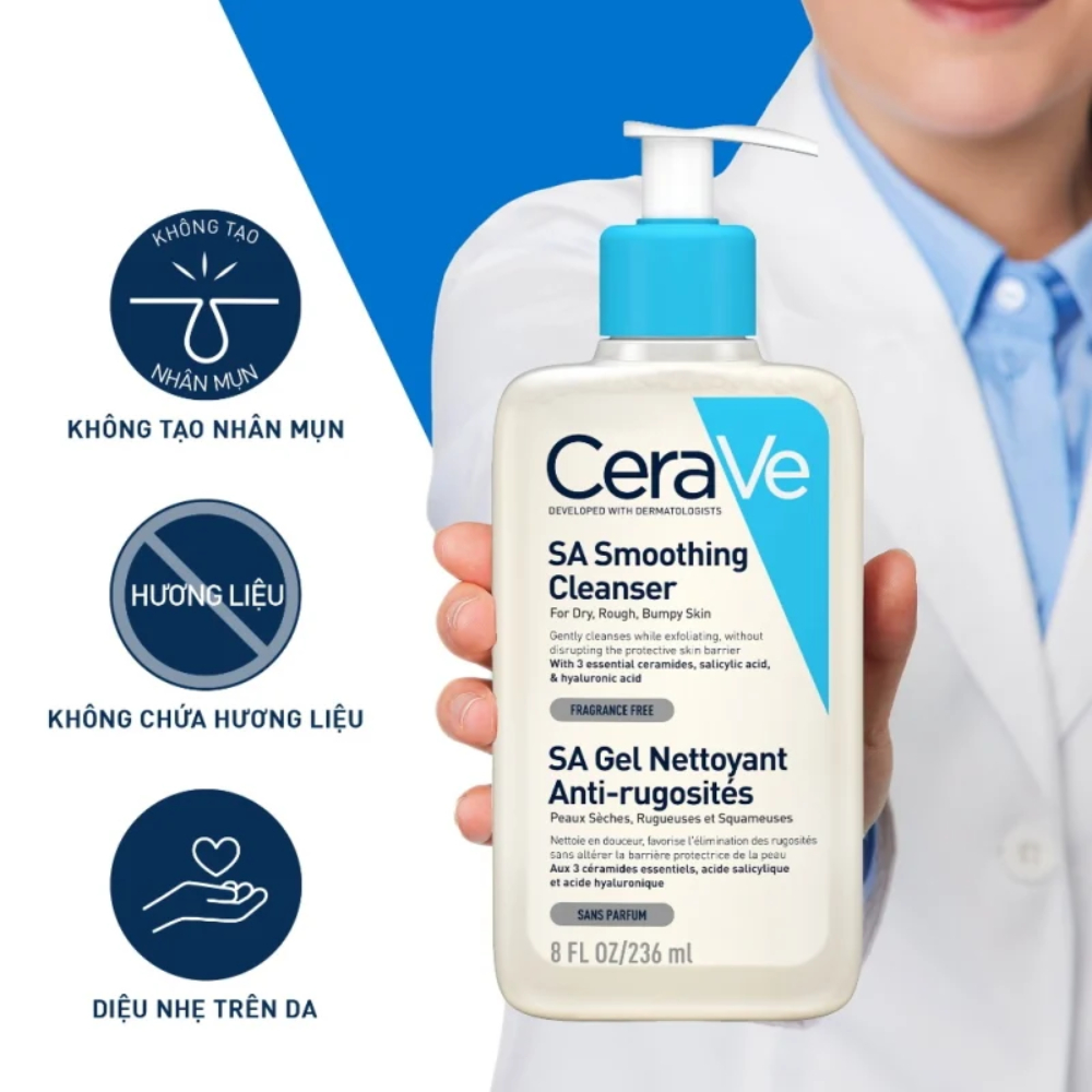Sữa Rửa Mặt CeraVe SA Smoothing, Hydrating, Foaming Cleanser - Cho Da Dầu Mụn, Khô, Nhạy Cảm 88ml – 236ml – 473ml
