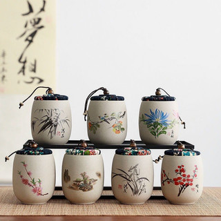 Hũ đựng trà gốm thô họa tiết hoa Mai, Lan, Cúc, Trúc