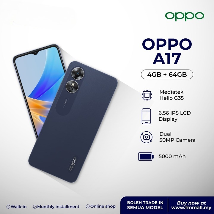 Điện thoại thông minh OPPO A17 | RAM 4GB + ROM 64GB | Bộ nhớ có thể mở rộng lên tới 4GB | Máy ảnh trí tuệ nhân tạo 50MP | BigBuy360 - bigbuy360.vn