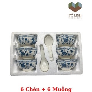Hộp 6 chén 6 muỗng gốm sứ cao cấp làm quà tặng, bát gốm sứ hoa cao cấp,muỗng gốm sứ trắng