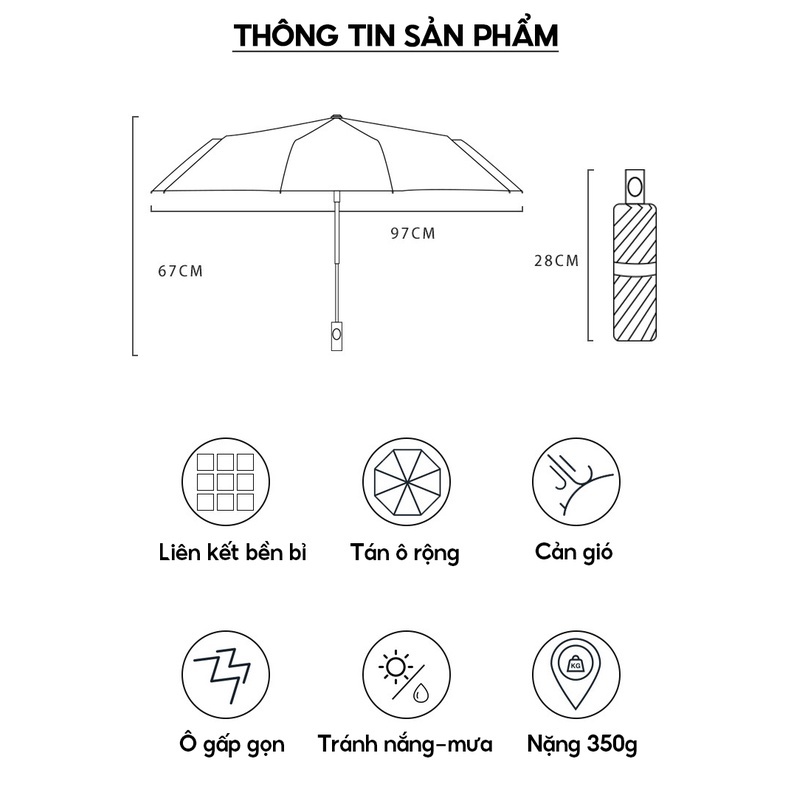 Ô Gấp Gọn Phủ Lớp Chống Tia UV, Dù Che Nắng, Che Mưa Ngoài Trời Đầm Tay Cao Cấp - KICO | BigBuy360 - bigbuy360.vn