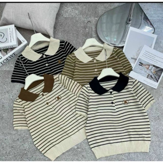 Áo len mongtoghi kẻ ngang cổ sen cúc cài thêu logo hàng QC A395