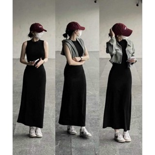 [V280] VÁY THUN ĐEN SÁT NÁCH DÁNG DÀI metwo.dearu - Đầm xòe maxi ba lỗ thun cotton body trơn basic co dãn ulzzang HQ