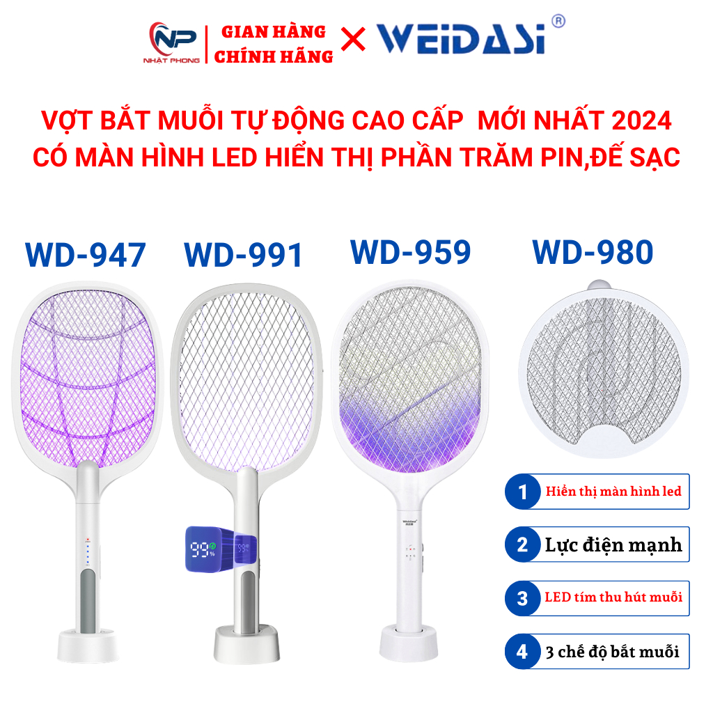 Vợt muỗi thông minh tự động kiêm đèn thu hút muỗi WEIDASI-991,9947 sạc tích điện, vợt bắt muỗi thông