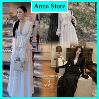 đầm body tay dài nhún tua tay thắt nơ xẻ ngực sâu sexy M1488