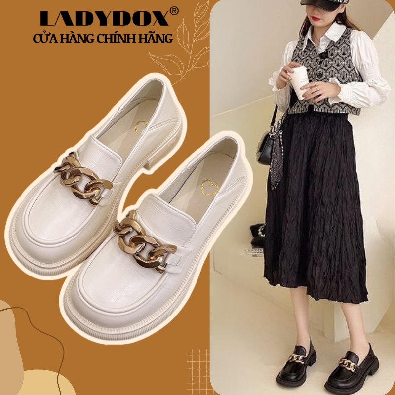 Giày lười lolita đế cao LADYDOX, giày slip-on nữ tròn móc xích vintage G115