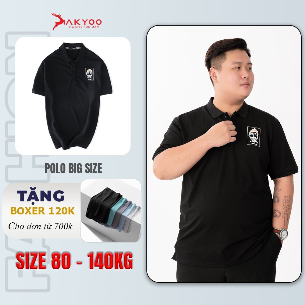 Áo POLO Nam Bigsize 80-140KG AKYOO Cao Cấp Cotton Co Giãn, Thâm Hút Mồ Hôi, Áo Polo Bigsize - PL DEN IN