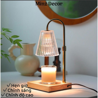 Đèn đốt nến thơm đế gỗ, chụp thủy tinh, có chế độ hẹn giờ, điều chỉnh ánh sáng