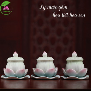 Ly sứ đựng nước, gạo, muối, ly gốm họa tiết hoa sen, cốc gốm sứ, chum nước cao 7,5cm