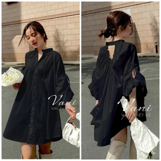 Đầm sơ mi suông fom rộng chất LỤA mịn cao cấp mặc mát cổ sơ mi trụ tay phồng lỡ 4 màu hở lưng