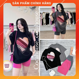Set đồ nữ hàng vnxk siêu đẹp-bộ đùi nữ áo thun ngắn tay 100% cotton hình trái tim phối quần legging lửng