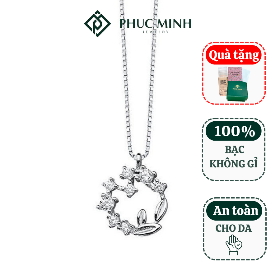 Dây chuyền bạc nữ hoa lá kết vòng đính đá lấp lánh Phuc Minh Jewelry.