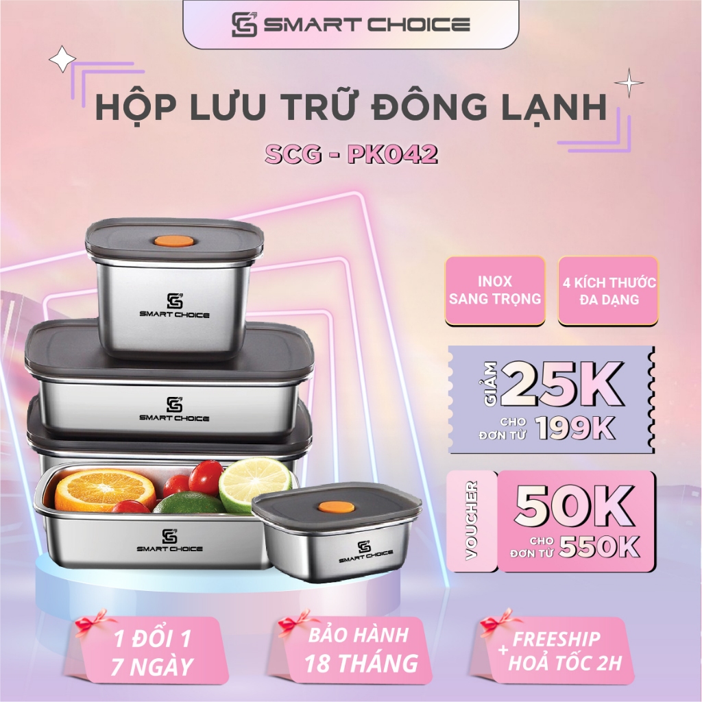 Hộp Đựng Thực Phẩm Tủ Lạnh SmartChoice SCG-PK048 Thép Không Gỉ 304 Đa Năng Cao Cấp Có Nắp Đậy Kín