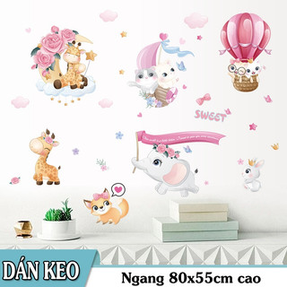 Decal dán tường trang trí - MÈO VÀ NAI HỒNG CON ĐÁNG YÊU CHO BÉ
