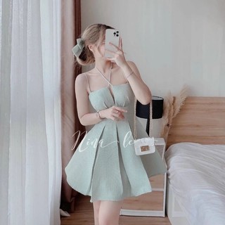 váy cổ yếm 2 dây vải xốp ô vuông, đầm 2 dây thiết kế