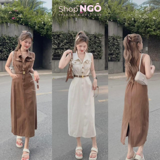 Đầm váy nữ đi thanh lịch,đầm cổ sơ mi tay cộc dáng dài kèm nịt gài nút chất kaki sang trọng thanh lịch