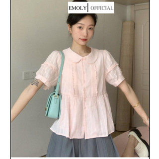  Áo sơ mi nữ ngắn tay màu hồng cổ búp bê, áo babydoll, áo sơ mi chất thô mát mùa hè EMOLY.VN- SM03