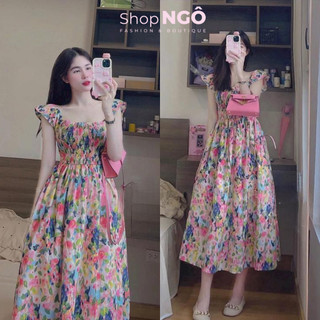 Đầm váy dài - Đầm váy thời trang nữ, đầm hoa tay cánh tiên nhún dáng dài xòe bánh bèo phù hợp đi chơi,đi biển,hẹn hò