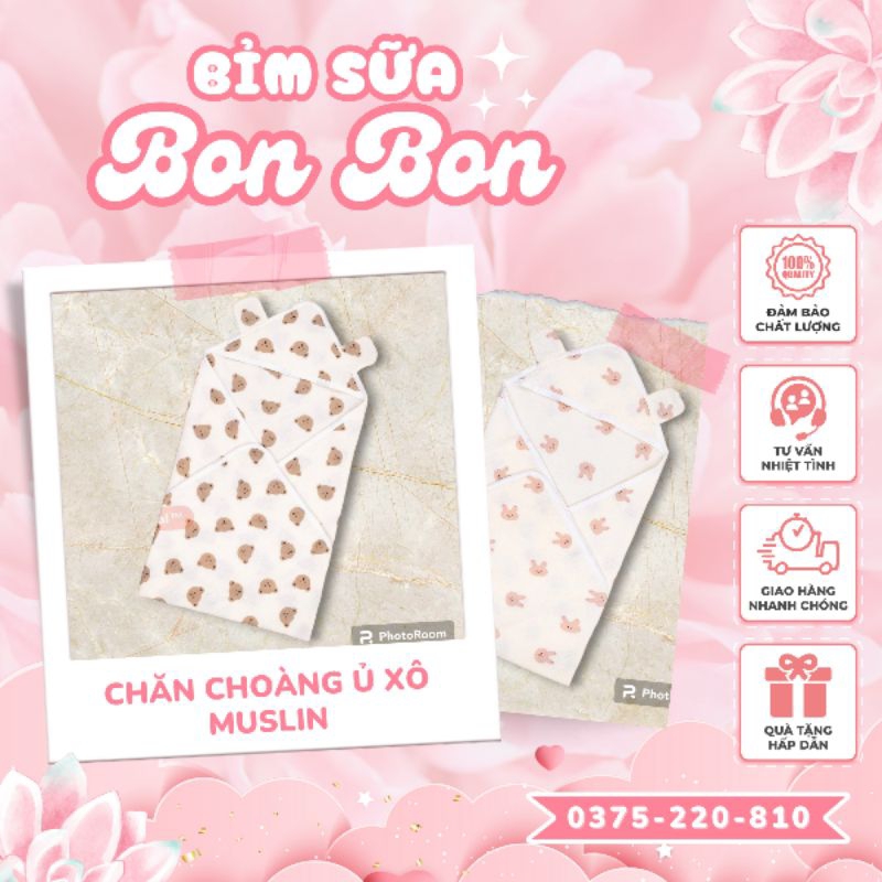 Chăn Choàng Ủ Xô Muslin CAO CẤP Chăn Cho Bé Sơ Sinh 4 Lớp Có Mũ Siêu