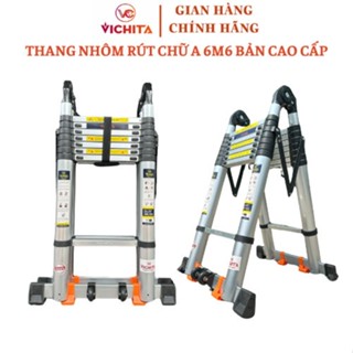   NHÔM T6063  Thang Nhôm Siêu Bền Rút Đôi Chữ A VICHITA 6M6  3.3M+3.3M  - Bản Cao Cấp Có bánh xe Bảo Hành 2 năm 