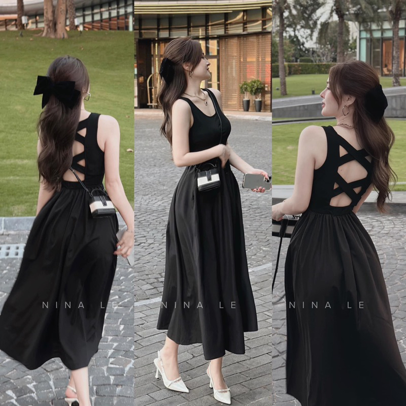 Đầm Maxi Đan dây chéo, Váy phối lụa dáng dài Thun mát