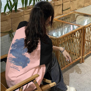 Cổ tròn áo phông raglan nữ khâu màu hồng đen in ấn ấo thun form rộng 100%cotton tay ngắn local brand