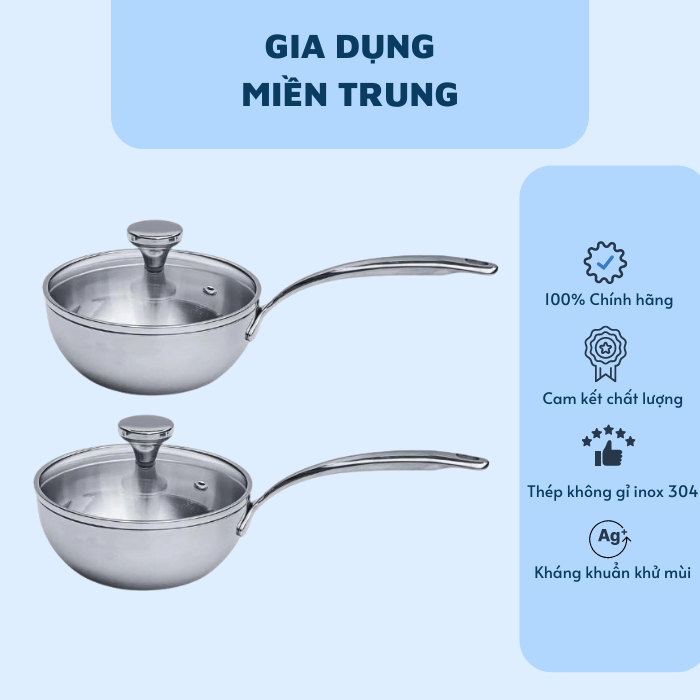 (CHÍNH HÃNG KAIYO) Chảo đúc Inox 3 lớp đáy liền sâu lòng Tri-ply có vung kính Kaiyo - Size 16cm, 18cm, 24cm