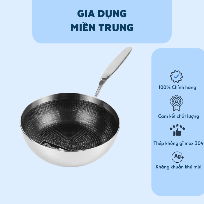 (CHÍNH HÃNG KAIYO) Chảo inox chống dính hoa văn nổi Tri-Ply đáy liền sâu lòng