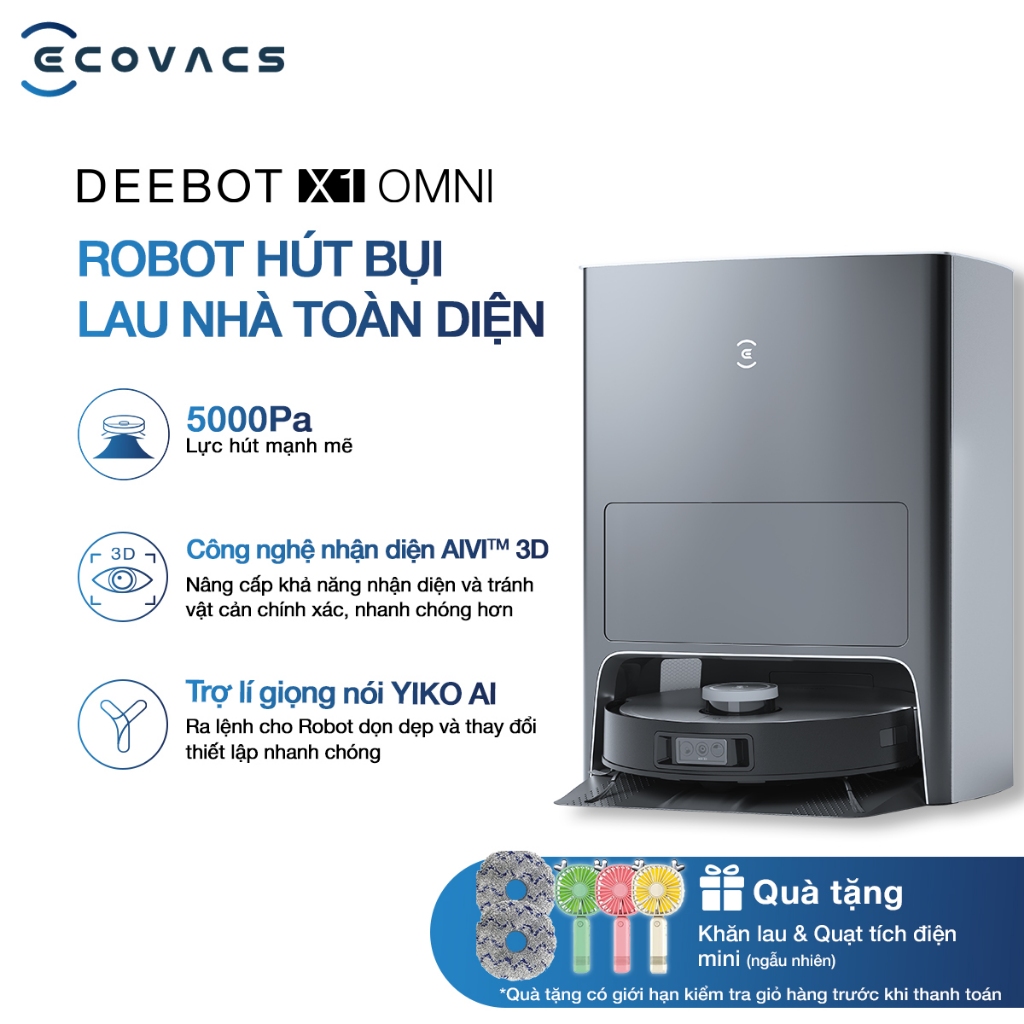 Robot Hút Bụi Lau Nhà Ecovacs Deebot X1 Omni- Lực hút 5000Pa - Hàng Chính Hãng