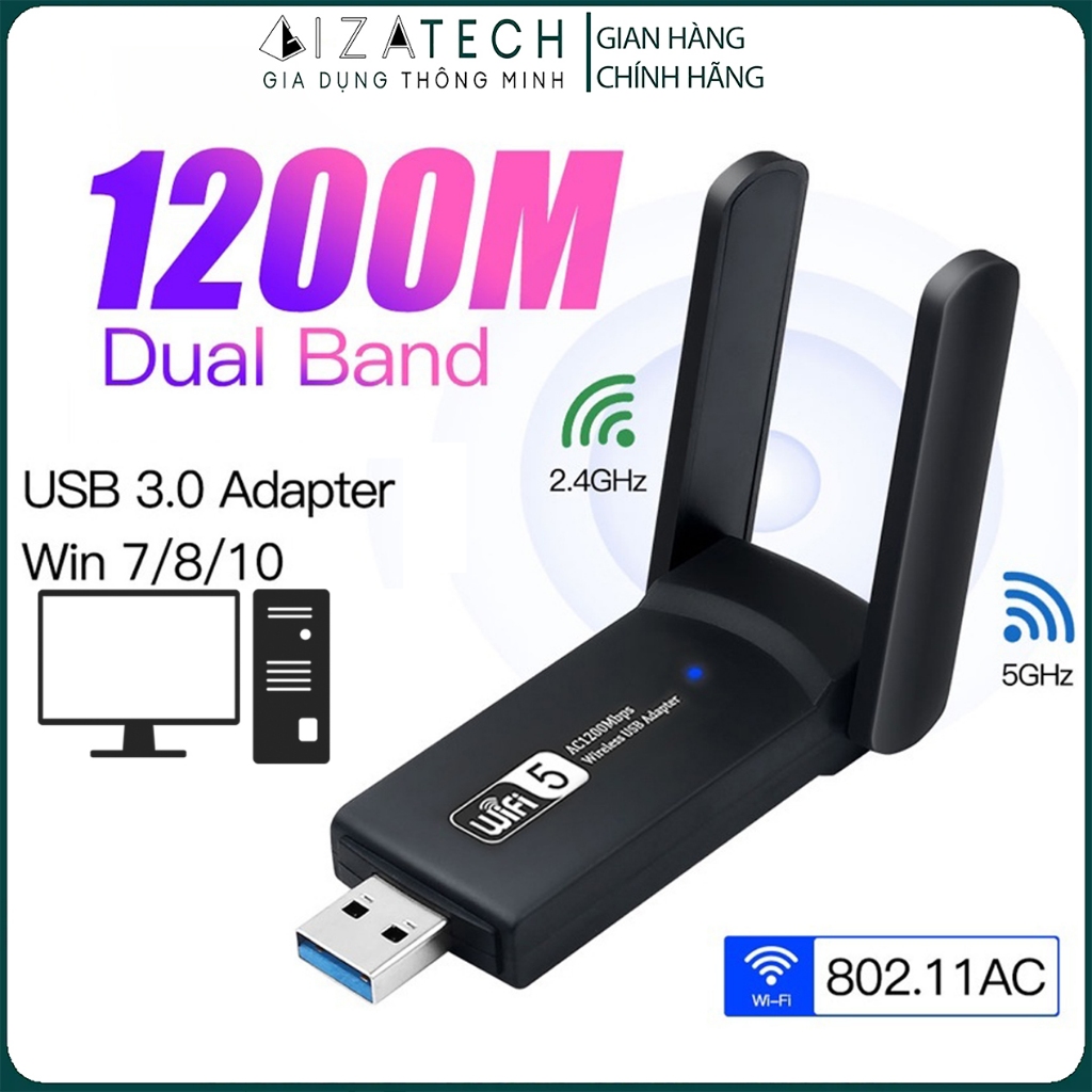 USB Thu Sóng WiFi 1200Mbps 3.0 Băng Tần kép 2.4G / 5Ghz 5dBi cho PC / Laptop/ Mac - Bộ Hút Sóng Wifi Cực Khoẻ - GIZATECH