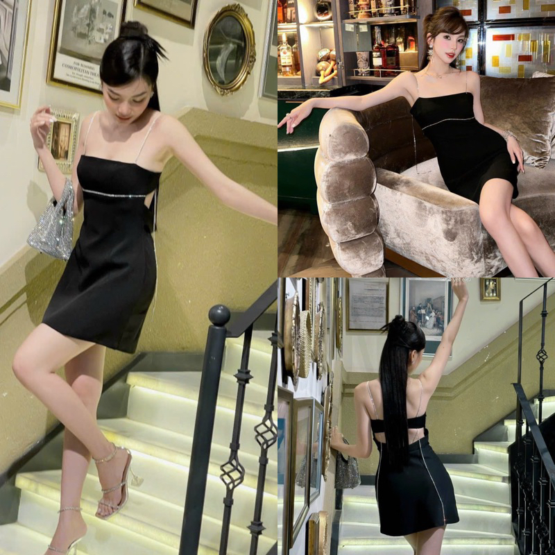 thanh lý đầm đen 2 dây đá