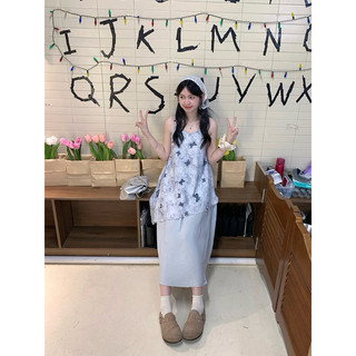 (ORDER TAOBAO, SẴN HÀNG) VÁY HAI DÂY XẺ TÀ HOẠ TIẾT VINTAGE MÀU XANH VHD134