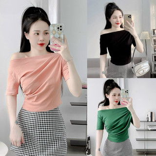 Áo thun ôm body nữ Croptop lệch vai tay ngắn phom ôm sát