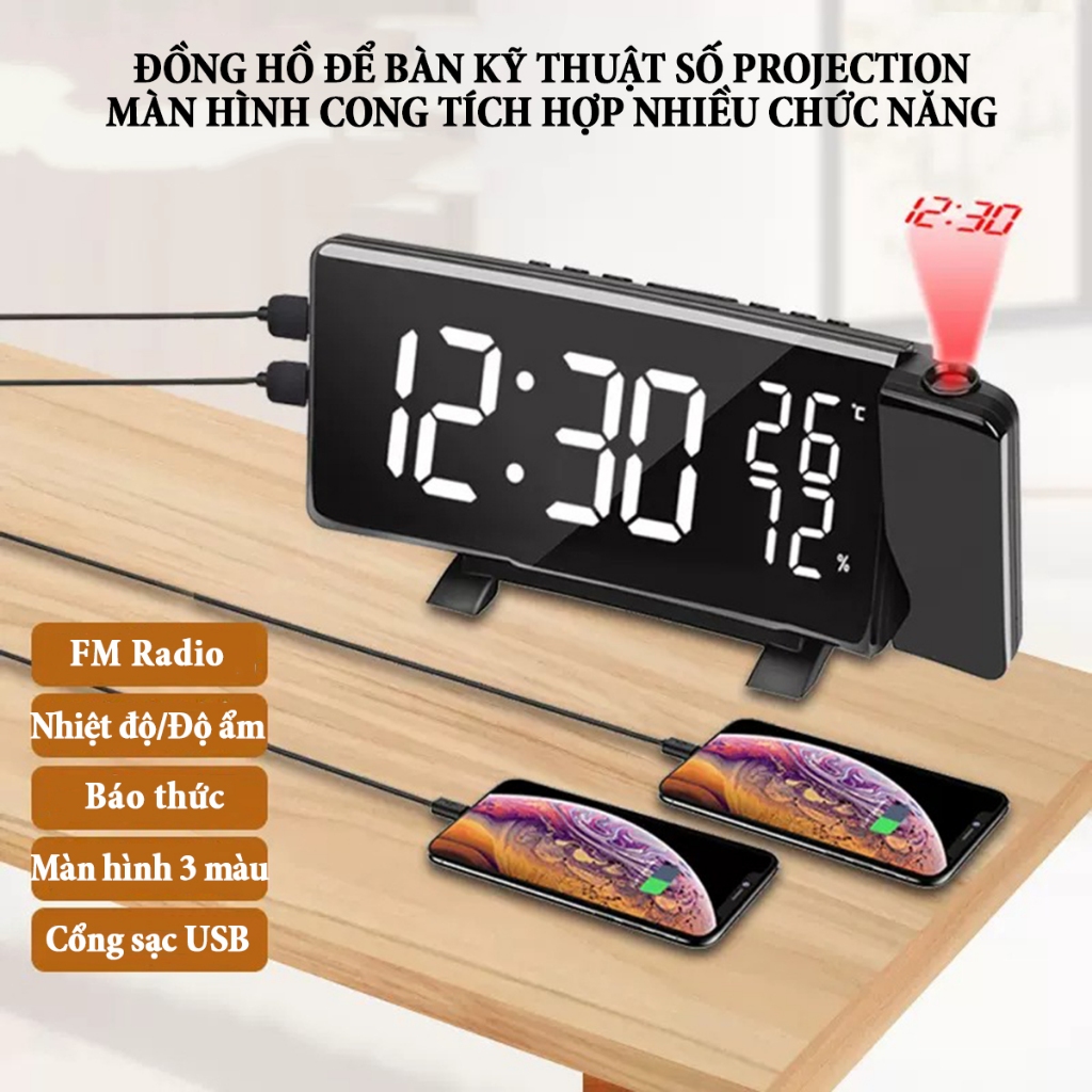 Đồng hồ để bàn kỹ thuật số Projection màn hình cong tích hợp nhiều chức năng với đèn led chiếu tường radio FM báo thức
