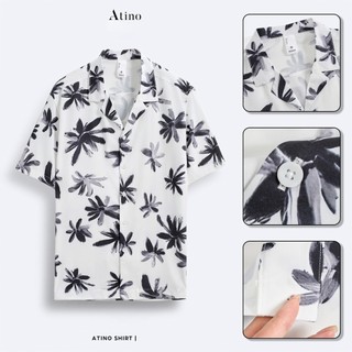 Áo sơ mi cuban shirt cộc tay nam atino vải lụa họa tiết cánh hoa form regular sm.l.1.4957