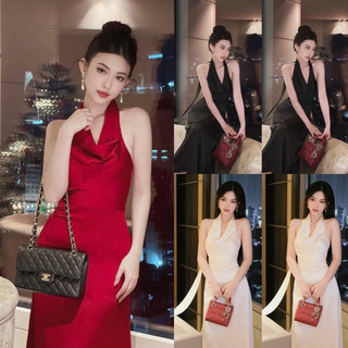 Váy đi tiệc, đầm đi dự tiệc dáng dài cổ đổ chất lụa sang chảnh tiểu thư cổ yếm đổ lộ lưng trần gợi cảm sexy quyến rũ
