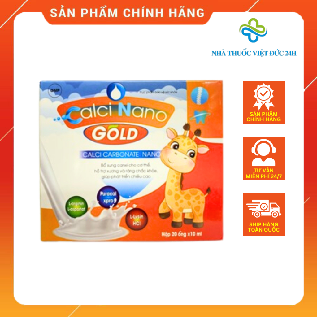 Calci Nano Gold - Canxi Carbonate Nano (Bổ dung canxi cho cơ thể, hỗ trợ xương và răng chắc khoẻ, giúp phát triển chiều