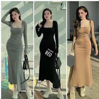 Đầm cổ vuông tay dài phom dài đuôi cá chất thun cực xinh