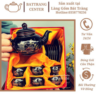 (7 MẪU)Bộ Ấm Chén Pha Trà Bát Tràng men Hoả Biến vẽ Vàng Kim:Vinh Hoa Phú Quý,dáng ấm Tiểu Anh