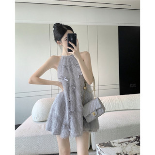 thelei váy đầm yếm ngắn hai dây babydoll bầu rộng xoè lông nơ xám tiểu thư