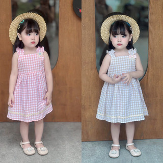 Váy hè 2 dây cánh tiên nhún bèo quai kẻ caro cho bé gái 1-6 tuổi (Mã 00068)