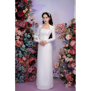 Áo dài cho dâu xinh mặc cưới TRIPBLE T DRESS cổ U đính cườm có kèm luôn quần - size S/M/L