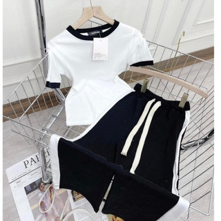 Set đồ cotton MPB trắng đen, Bộ Đồ Co Giãn PHối Sọc Kẻ trẻ trung, BỘ đồ Mặc Đi chơi, Đi Cafe- BĐ01