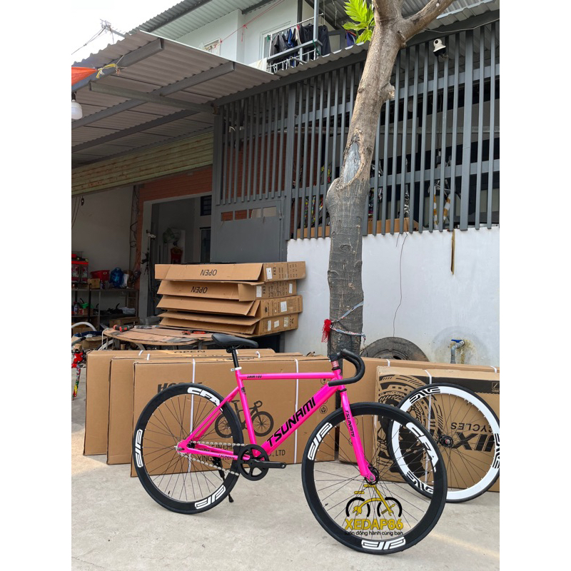 xe đạp Fixed Gear Tsunami hồng đậm (tặng kèm dây strap và đồ lắp)