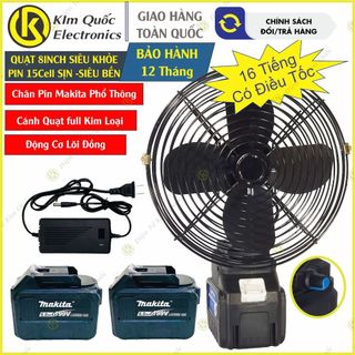 Quạt tích điện 8inh lồng sắt có điều tốc vô cấp sử dụng pin 15cell makita chân pin phổ thông