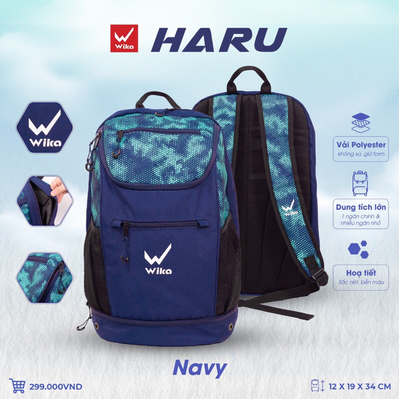 Balo đa dụng Wika Haru thể thao đi làm đi học chơi du lịch nam nữ navy mới bền tốt đẹp cao cấp xịn giá rẻ phượt to lớn