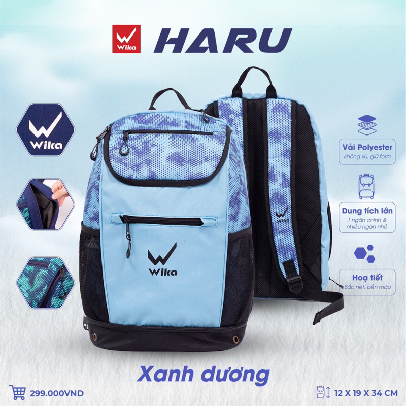 Balo Wika Haru cao cấp chính hãng giá rẻ thể thao có ngăn đựng vợt cầu lông ngăn đựng bóng giày riêng xanh dương nam nữ