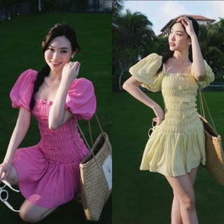 Đầm Nhún Đính Thân Nơ Tay Phồng + Băng Đô đi biển chất tơ cho nàng KC House